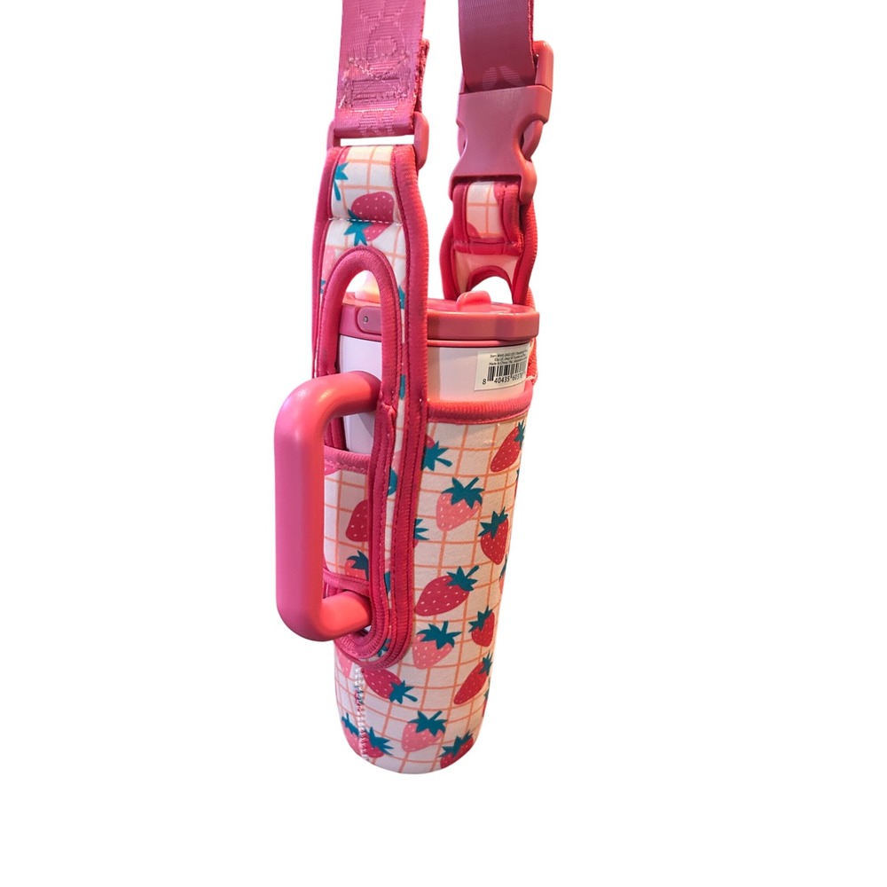Pink Strawberry Water Bottle‎ with Carrier Holder Shoulder Strap